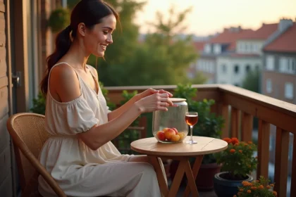 Femme souriante posant une trappe &agrave; fruits maison sur un balcon