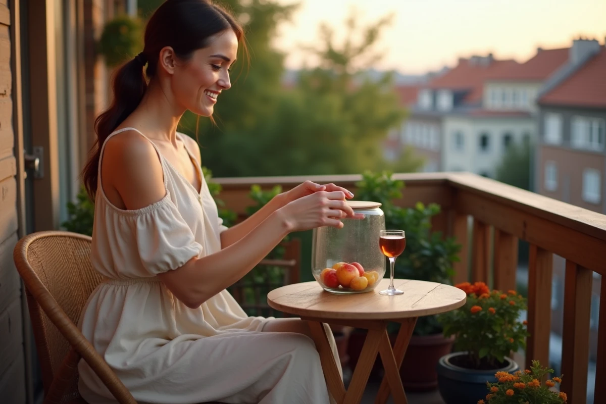 Femme souriante posant une trappe à fruits maison sur un balcon