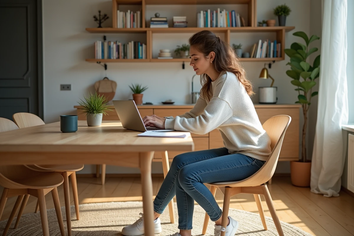 Femme travaillant sur un ordinateur portable dans un intérieur lumineux