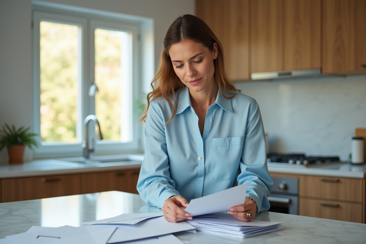Femme triant des enveloppes dans sa cuisine lumineuse