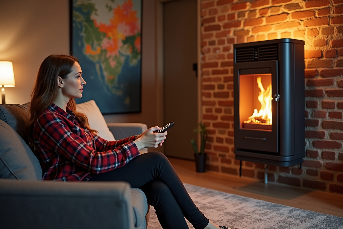 Femme assise sur un canapé utilisant un chauffage électrique mural
