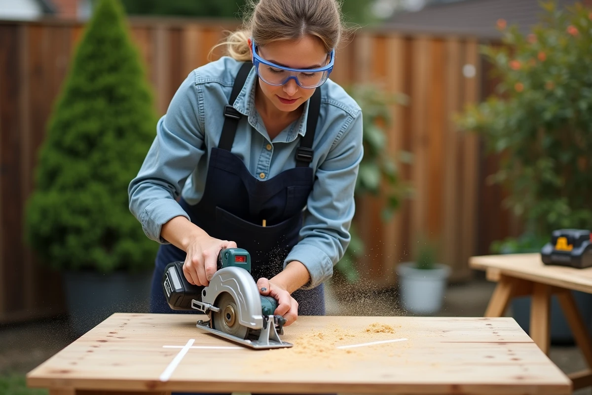 Femme utilisant une scie circulaire sans fil 20V Lidl pour couper une planche en bois en extérieur