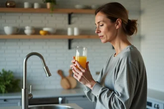 Femme vérifiant l'eau du robinet dans la cuisine