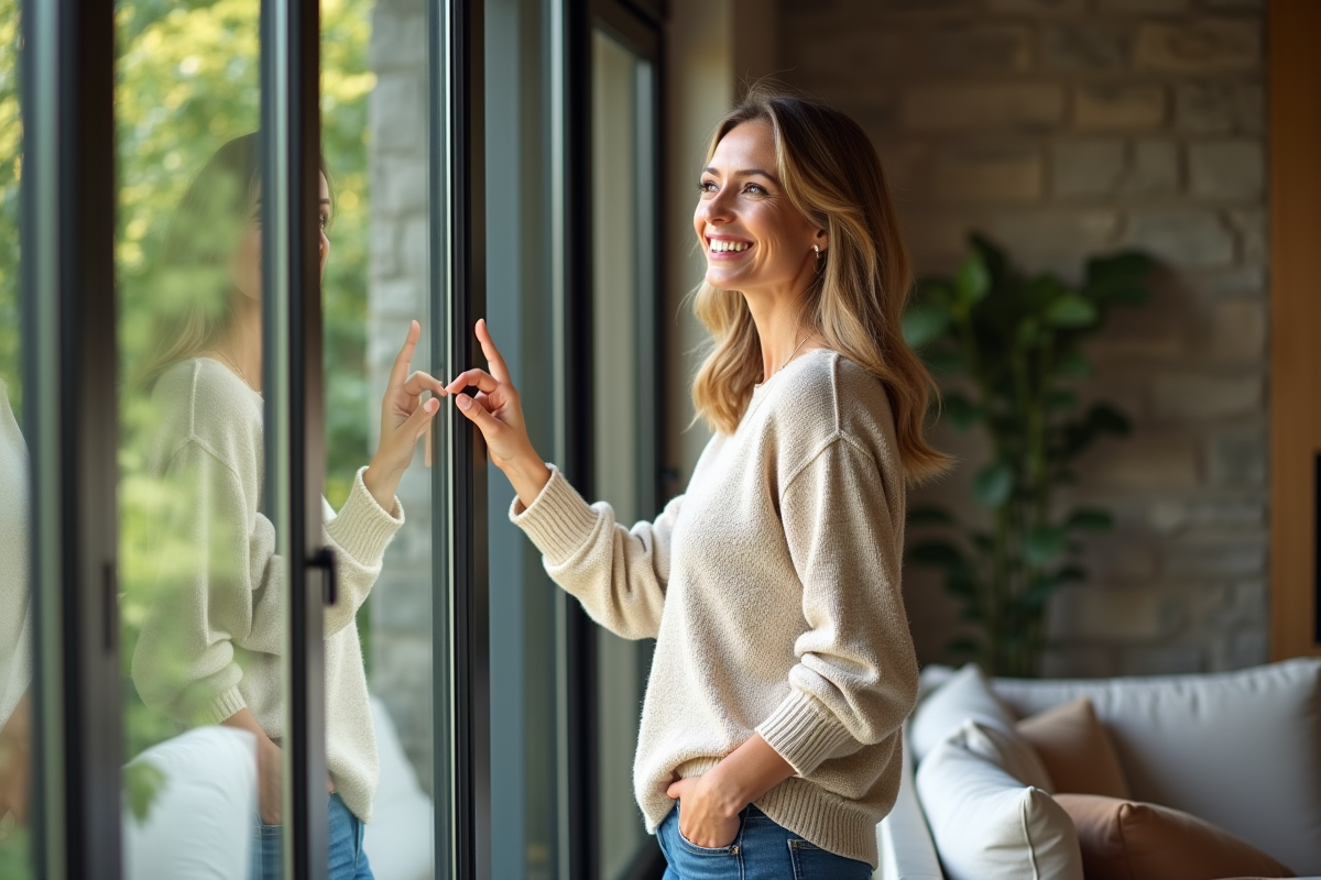 Femme souriante touchant une grande fenêtre moderne
