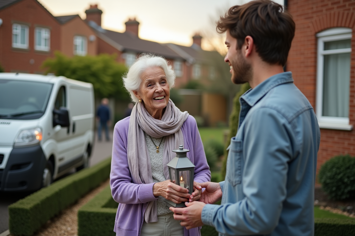 Femme âgée souriante remet une petite lampe à un jeune professionnel dehors