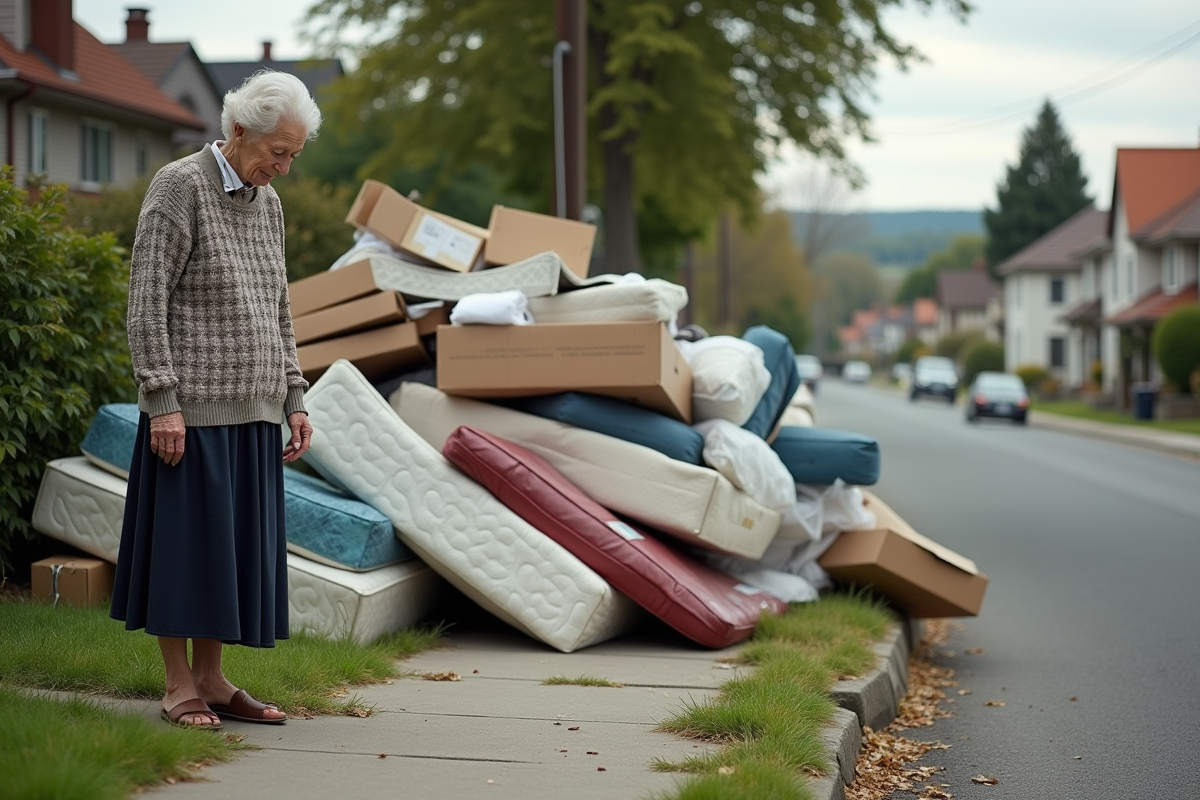 Femme âgée observant un tas d