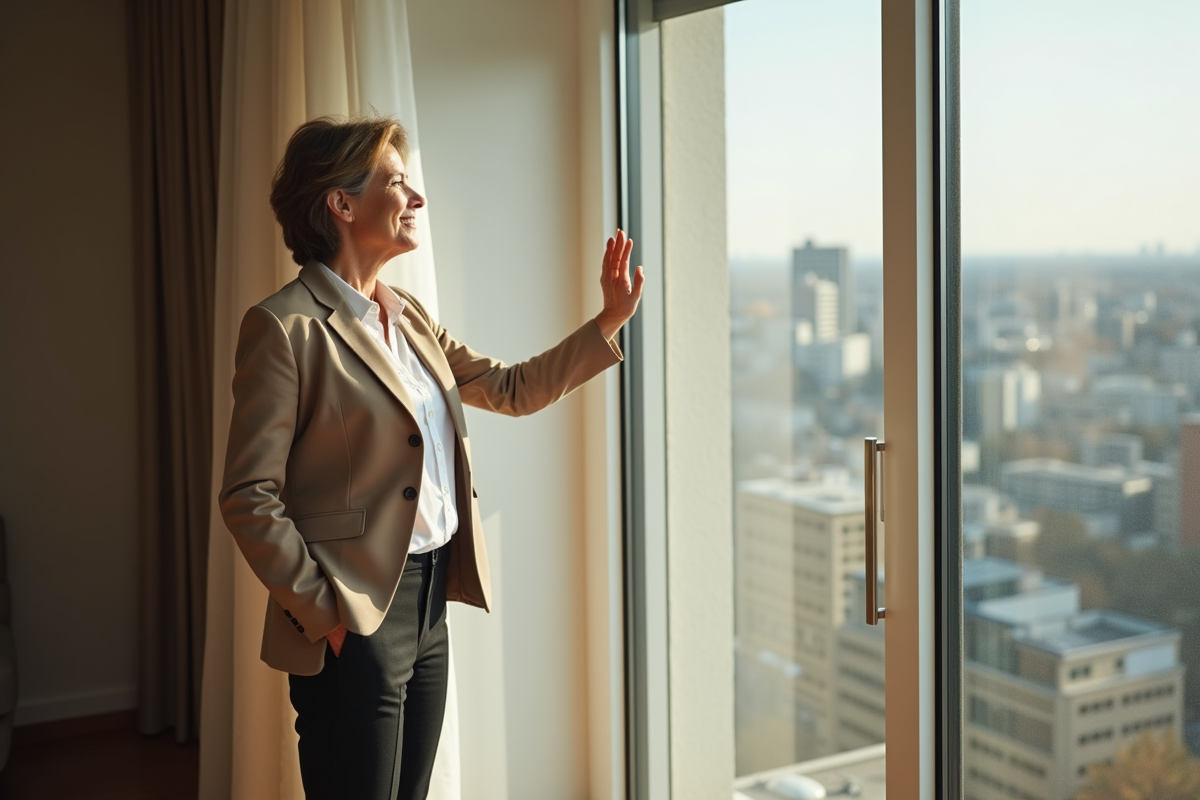 Femme d'âge moyen dans un appartement avec volet solaire moderne