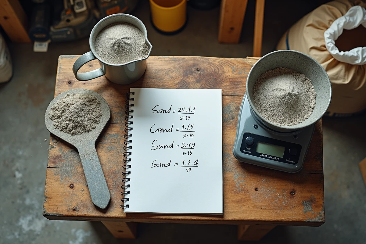 Fiche de calcul manuscrite avec dosage sable-ciment et matériel de mesure pour chape mortier