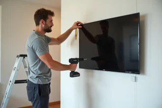 Homme fixant une grande télévision sur un mur en plaques de plâtre BA13 avec un support mural et une perceuse