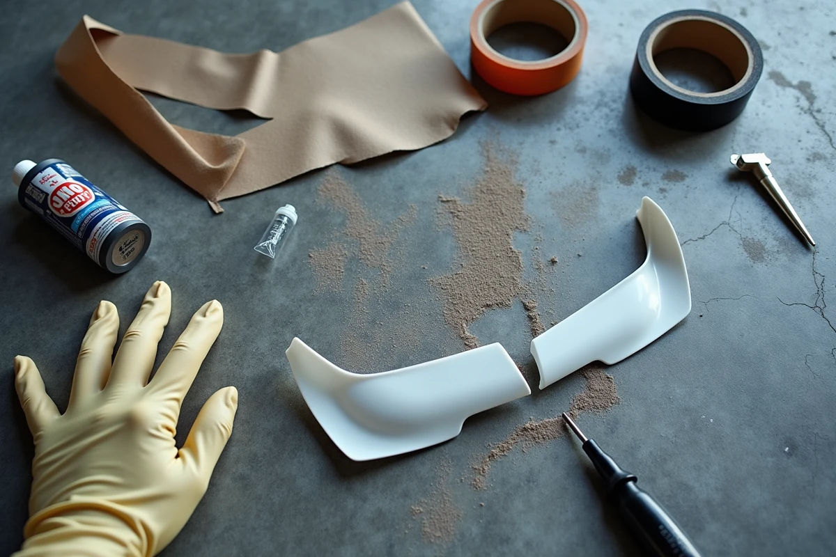 Vue aérienne d'une réparation de plastique automobile avec colle époxy, ruban adhésif et outils sur sol en béton de garage