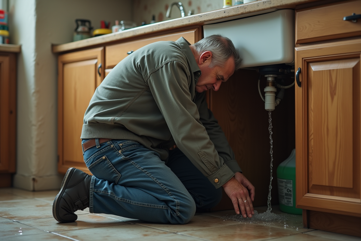 Homme en vêtements de travail sous un évier de cuisine avec fuite d'eau