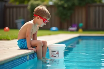 Jeune gar&ccedil;on en maillot bleu et lunettes rouges pr&egrave;s de la piscine