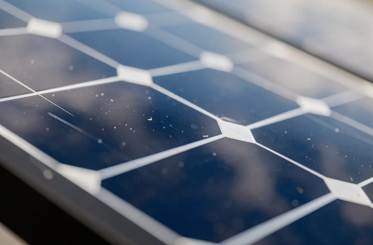 Gros plan sur les cellules photovoltaïques d'un panneau solaire 150W montrant le détail de la surface