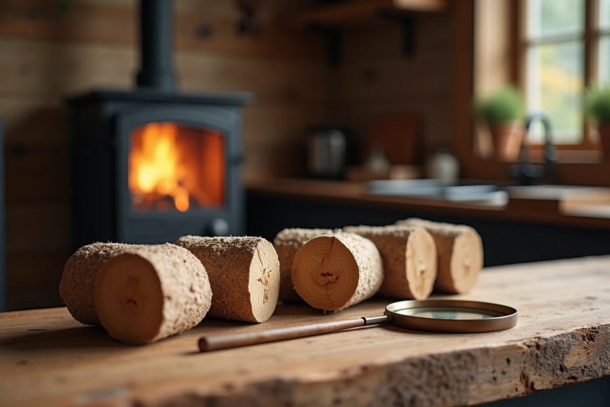 Gros plan sur des granulés de bois avec loupe et étiquette de qualité posés sur une table en bois