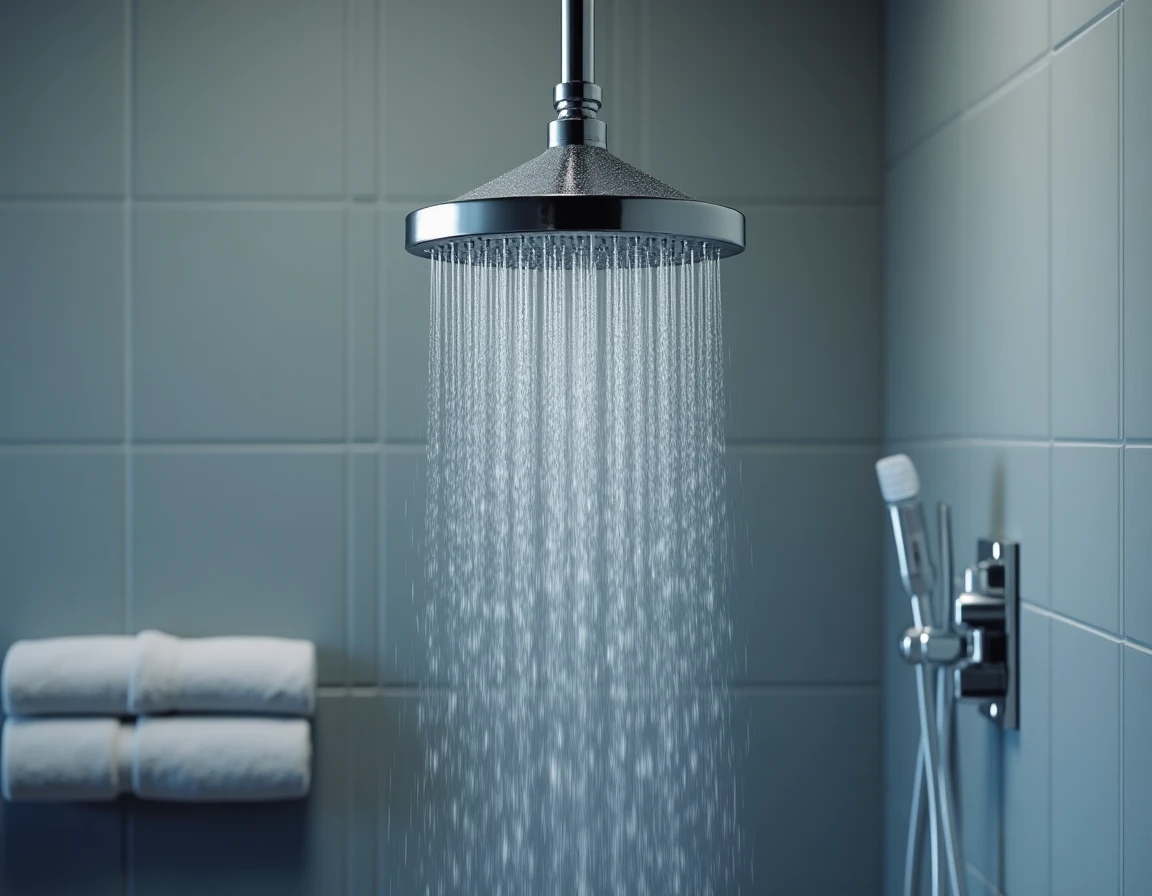 Gros plan sur un pommeau de douche chromé avec eau qui coule sur carrelage gris