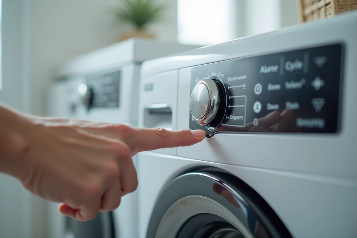 Gros plan sur le sélecteur de programmes et l'écran digital d'un lave-linge Whirlpool 6th Sense pour choisir le bon cycle de lavage