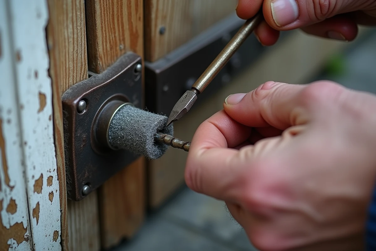Gros plan sur une vis foirée dans une ancienne porte en bois avec laine d'acier pour la dévisser