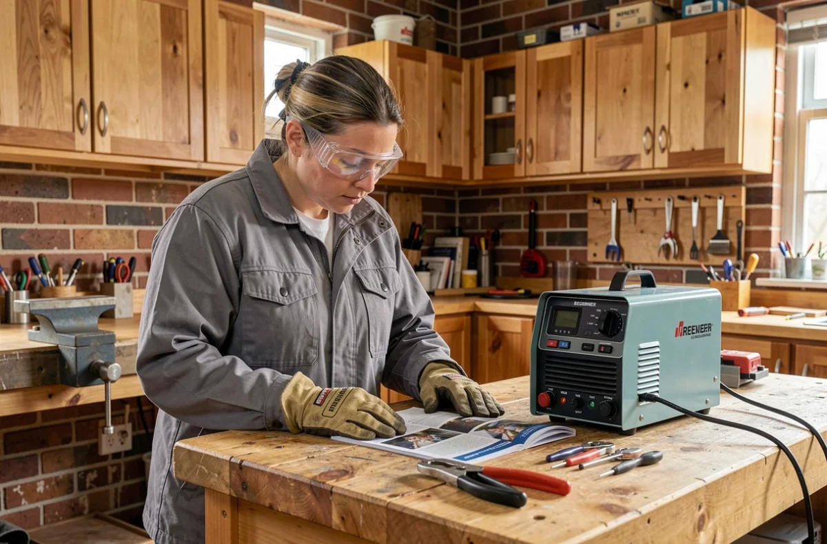 Femme débutante consultant un guide de soudure à l'arc dans un atelier maison bien organisé