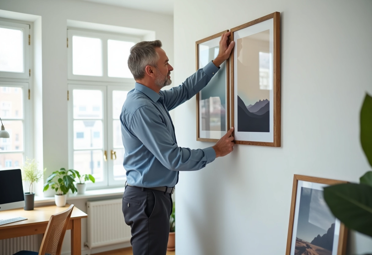 Homme arrangeant des affiches d