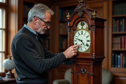 Homme d'&acirc;ge moyen examinant une horloge comtoise ancienne