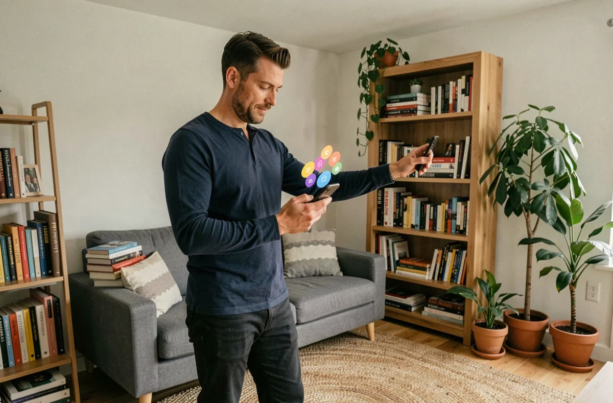 Homme consultant une application de gestion domestique sur smartphone dans un salon cosy et contemporain