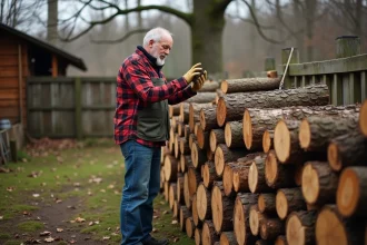 Homme en chemise à carreaux examine du bois de chauffage