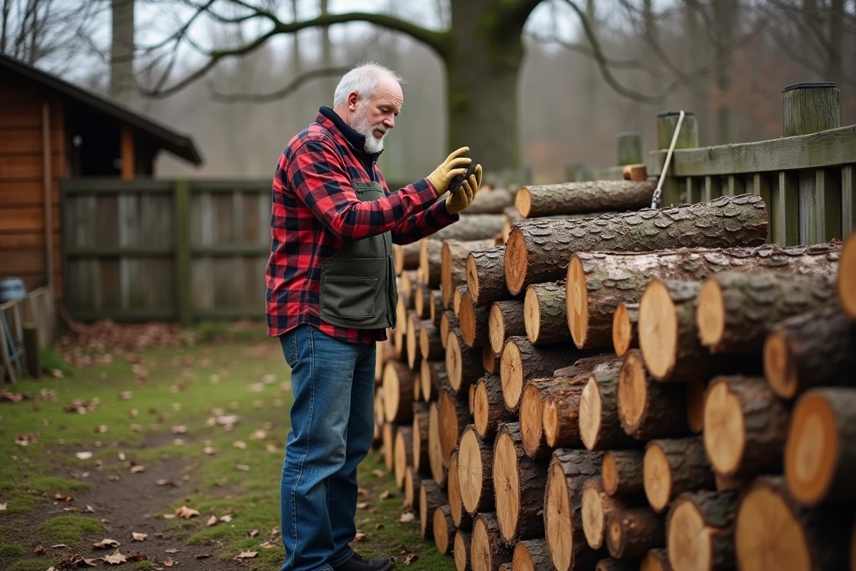 Homme en chemise à carreaux examine du bois de chauffage