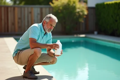 Homme lisant l'étiquette d'un clarifiant de piscine devant une eau trouble et laiteuse dans une piscine de jardin