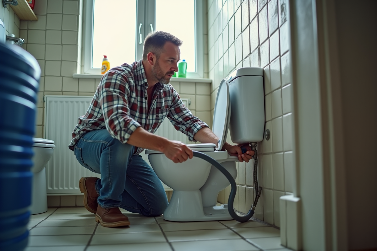 Homme connectant un récupérateur d'eau de pluie dans une salle de bain