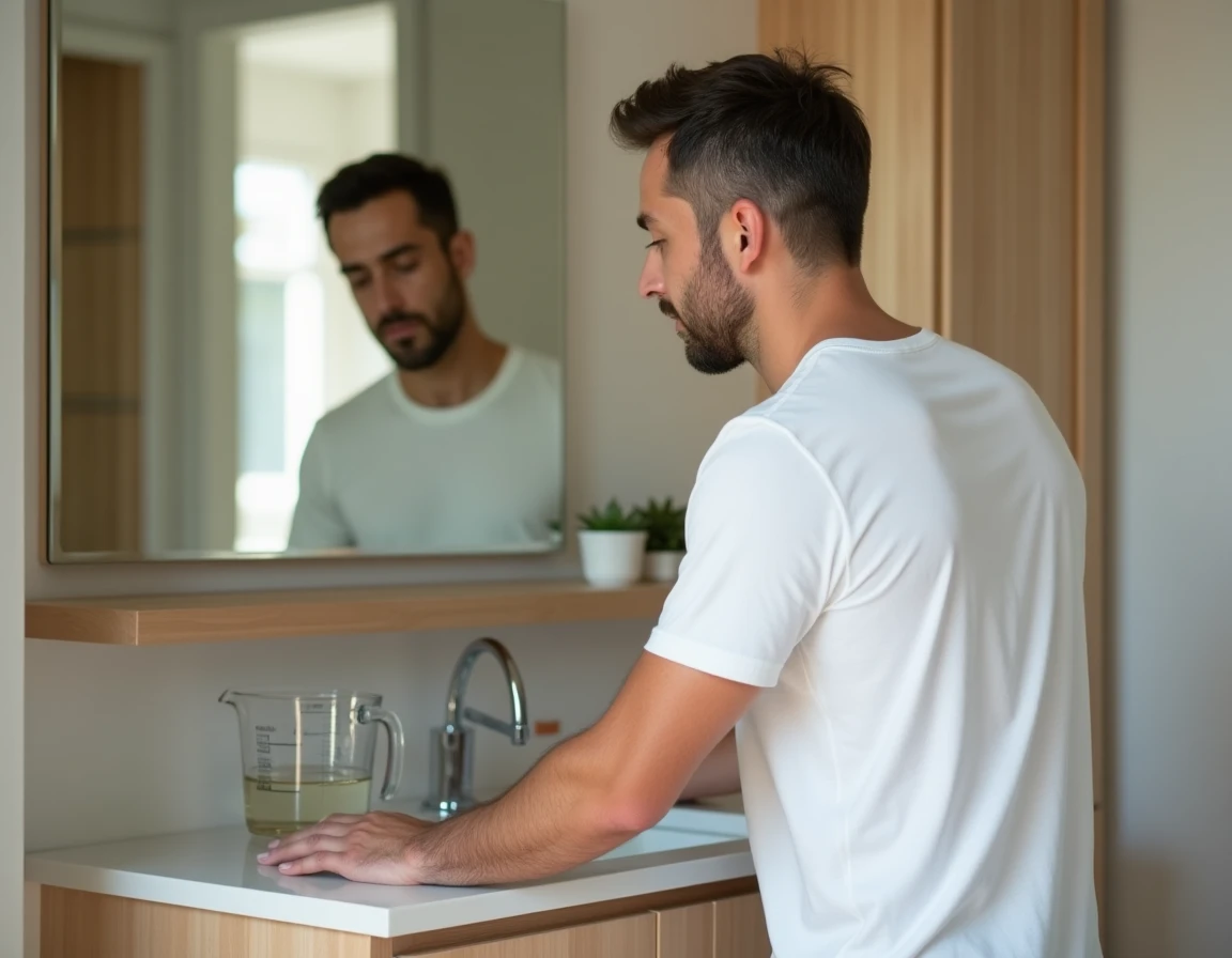 Homme adulte réfléchissant à sa consommation d'eau dans une salle de bain avec pichet doseur
