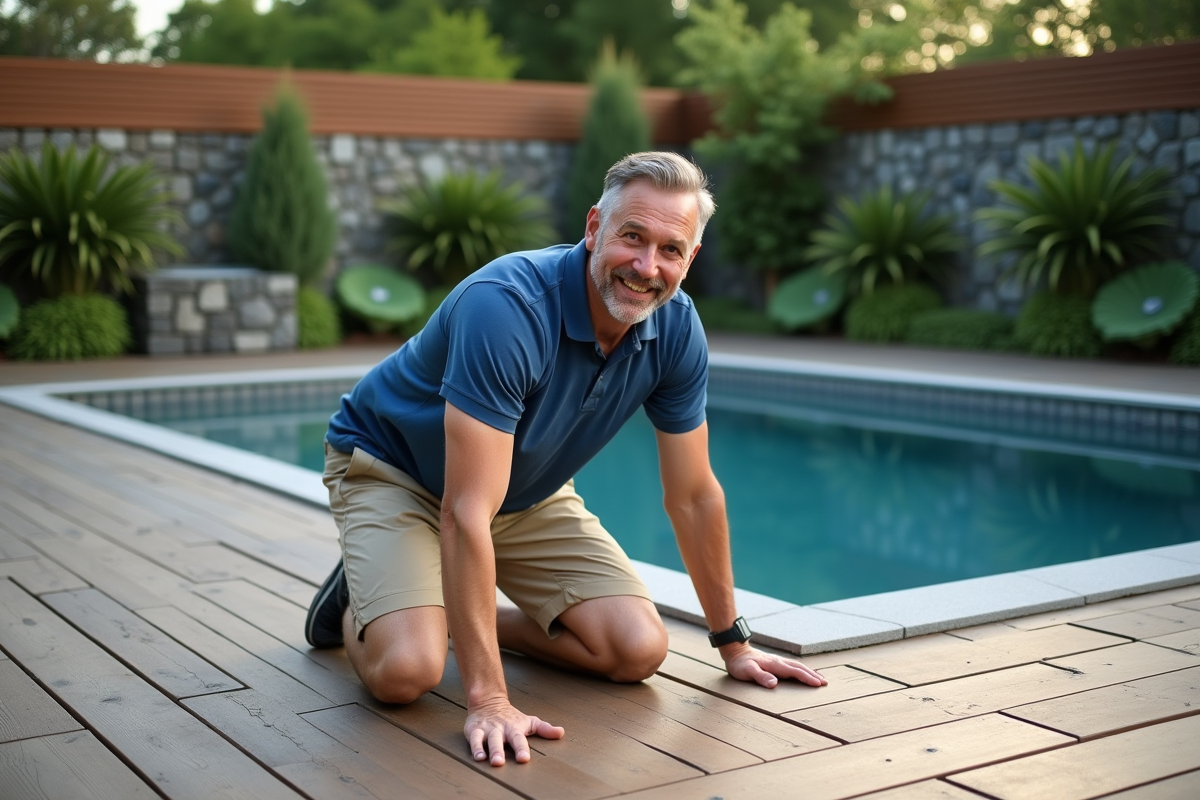 Homme souriant touchant le bois du deck de piscine