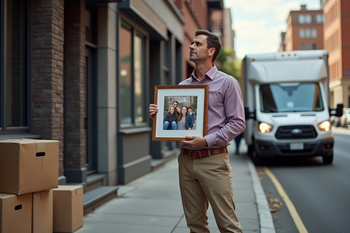Homme regardant son ancien appartement avec photo de famille