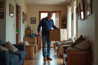 Homme d'âge moyen portant un jean et chemise de travail soulève une caisse dans un couloir