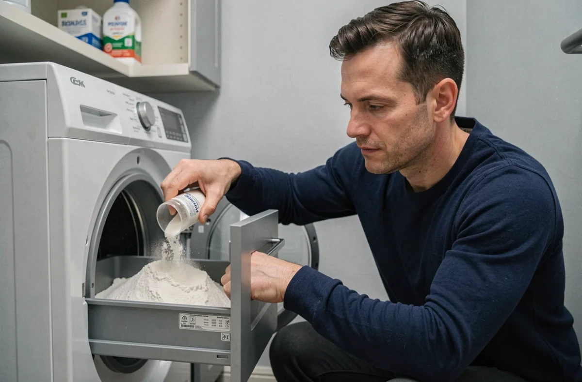 Homme versant de la lessive en poudre dans le compartiment du tiroir d'un lave-linge avec une dosette de mesure