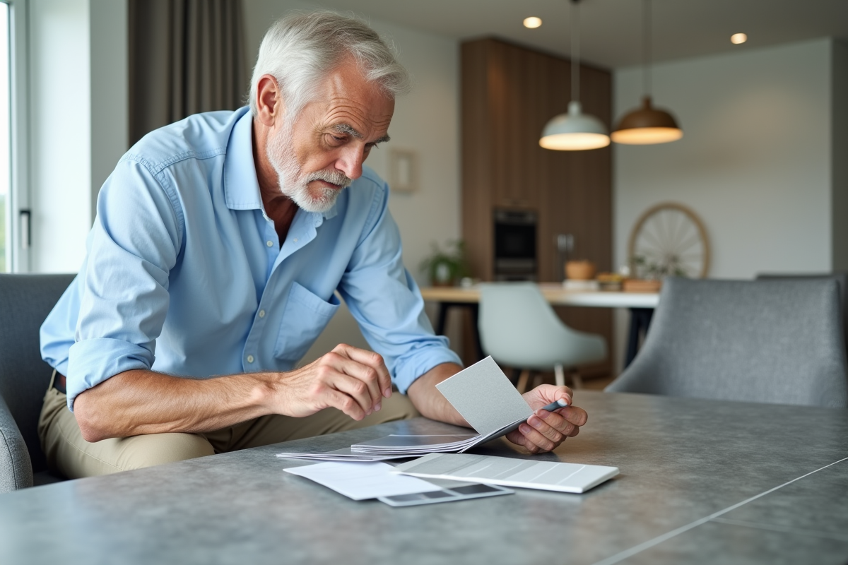 Homme vérifiant des échantillons de carrelage gris