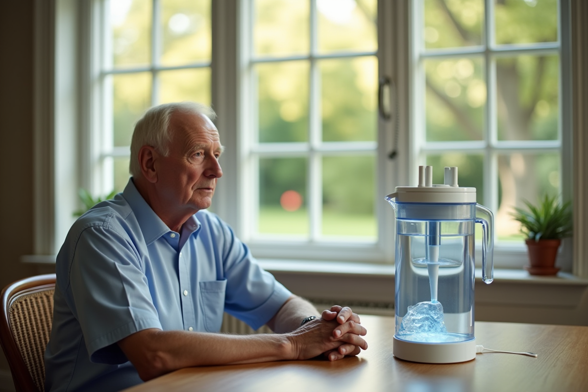 Homme âgé près d’un système de filtration d’eau à la table