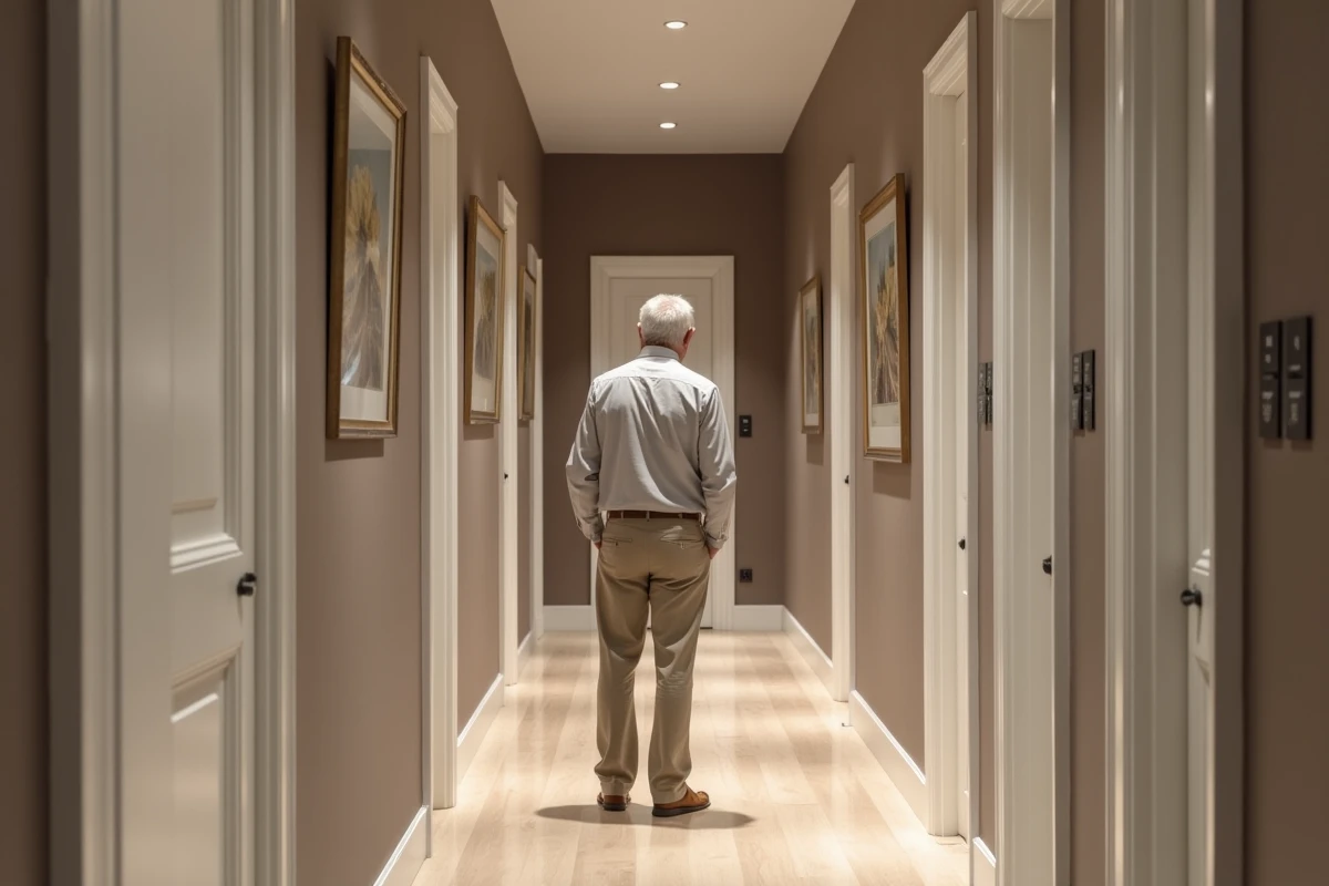 Homme admirant un couloir en taupe satiné