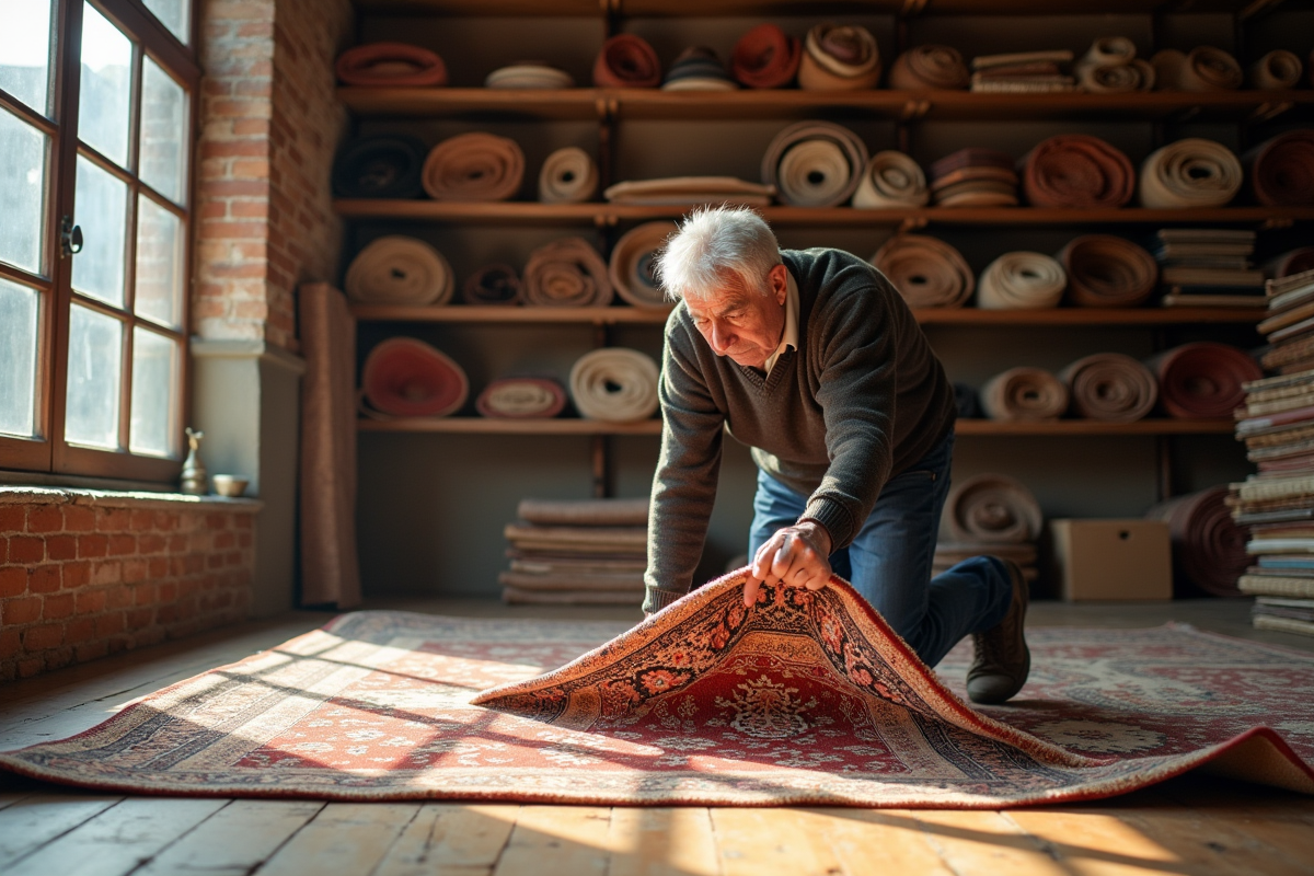 Homme âgé inspectant un tapis dans une boutique d