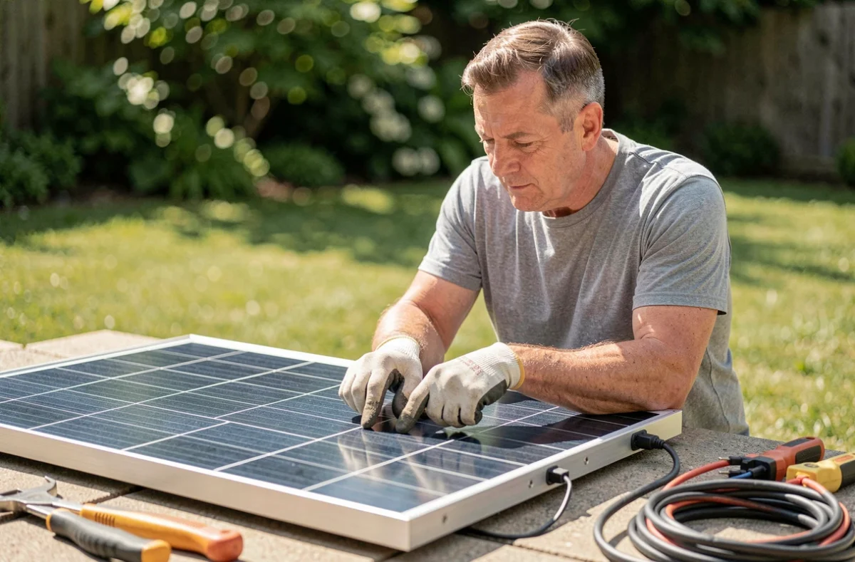 Homme inspectant un panneau solaire 150W posé dans un jardin lors d'une installation domestique