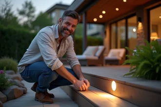 Homme posant une lampe encastrée sur terrasse moderne