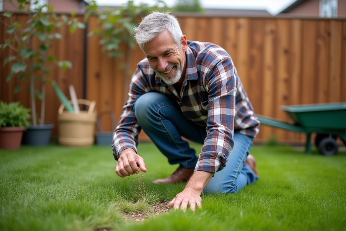 Homme d'âge moyen en jeans et chemise à carreaux arrosant son jardin