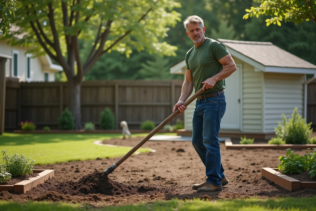 Homme en workwear levelant la terre dans un jardin