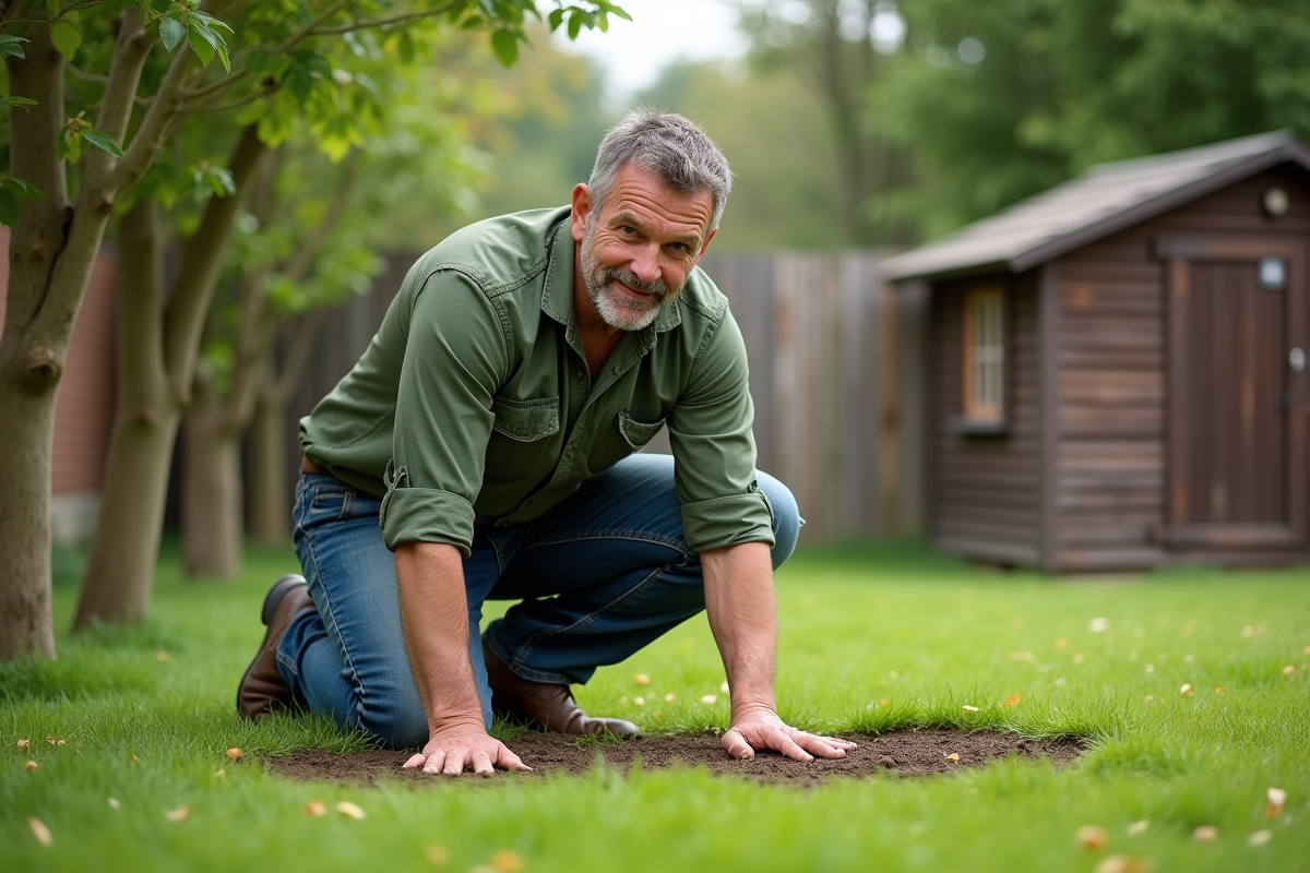 Homme d'âge moyen en jeans et chemise verte en train de semer du gazon