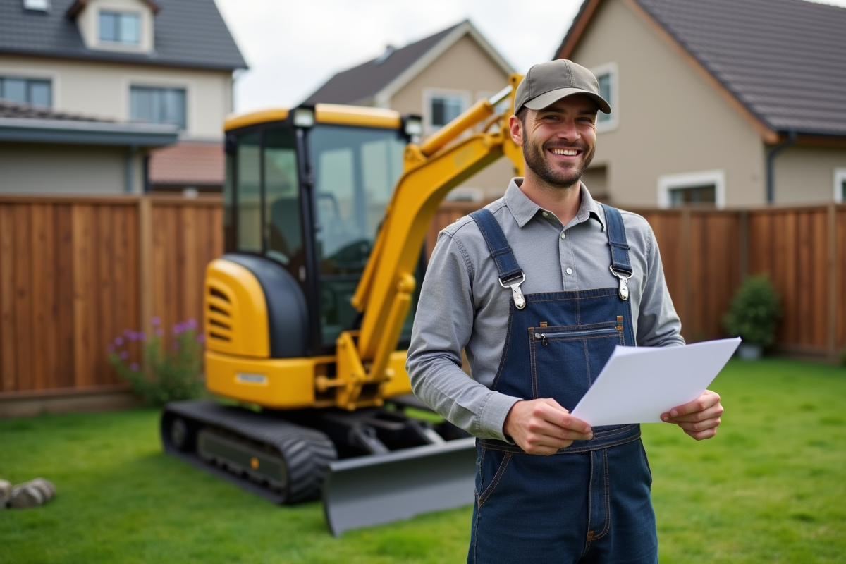 Homme en overalls avec miniexcavateur en jardin