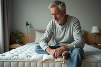 Homme d'âge moyen examine un matelas usé dans une chambre moderne