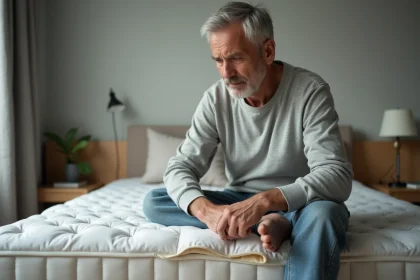 Homme d'&acirc;ge moyen examine un matelas us&eacute; dans une chambre moderne