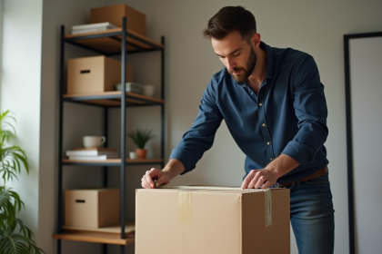 Jeune homme mesurant un carton dans un bureau moderne