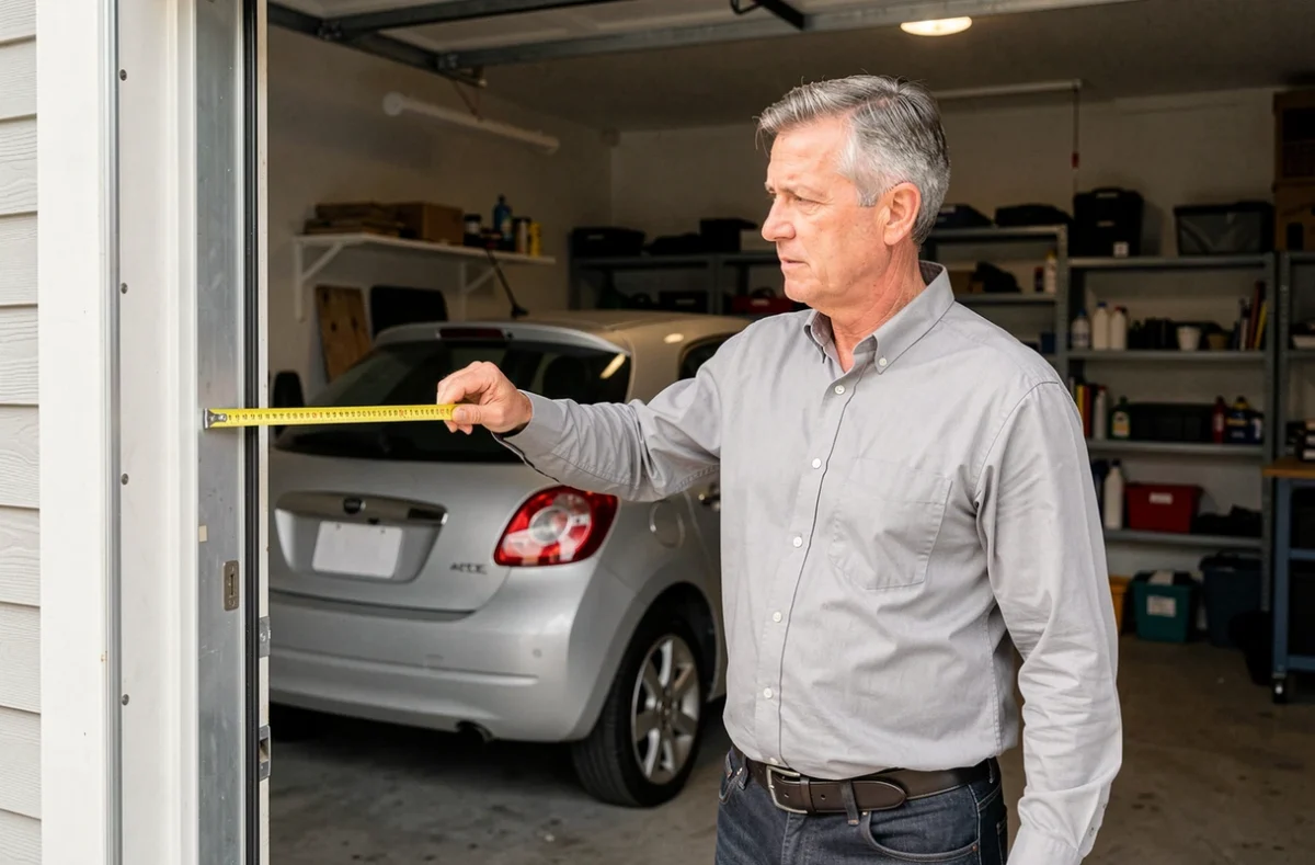 Homme mesurant la largeur d'une ouverture de porte de garage standard avec un mètre ruban dans un garage étroit