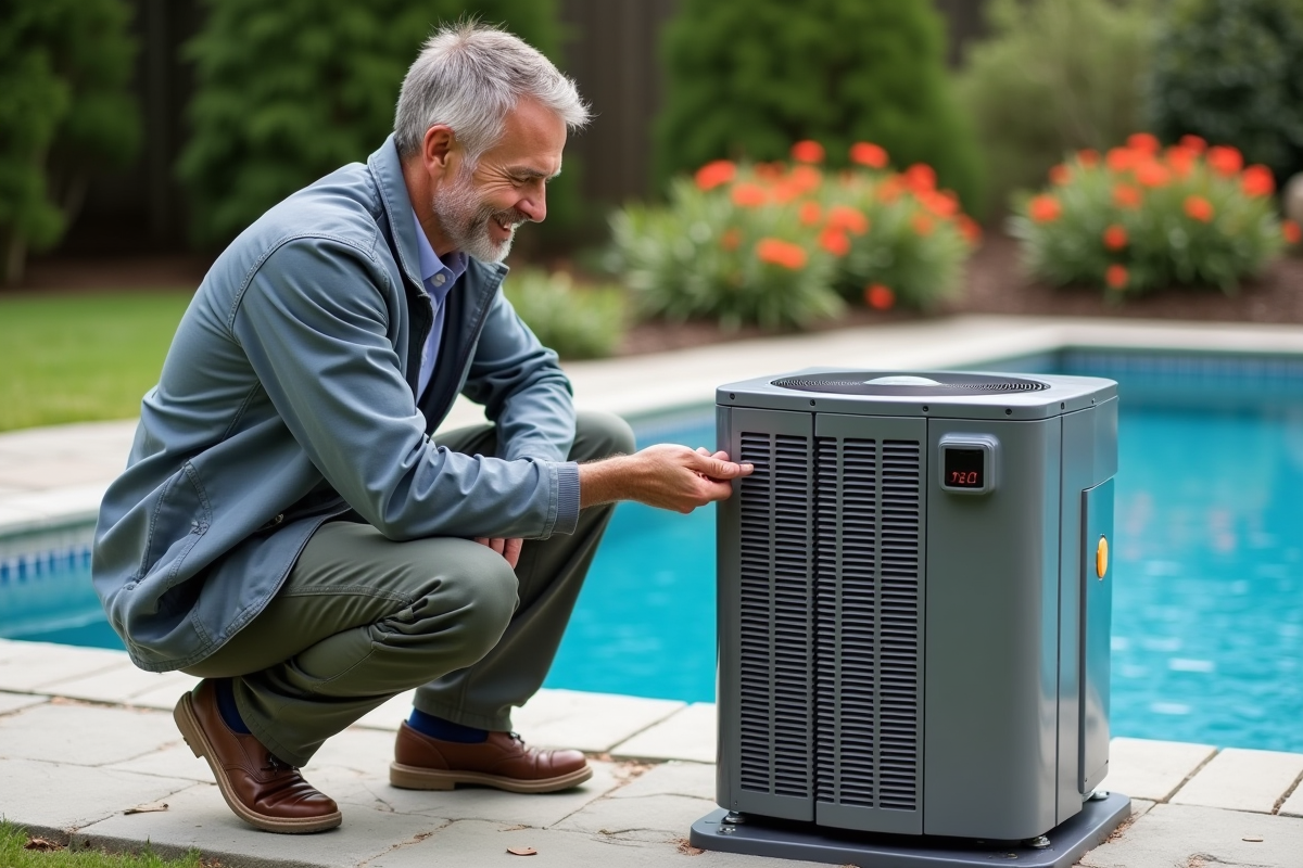Homme d'âge moyen vérifiant un chauffe-eau de piscine extérieur