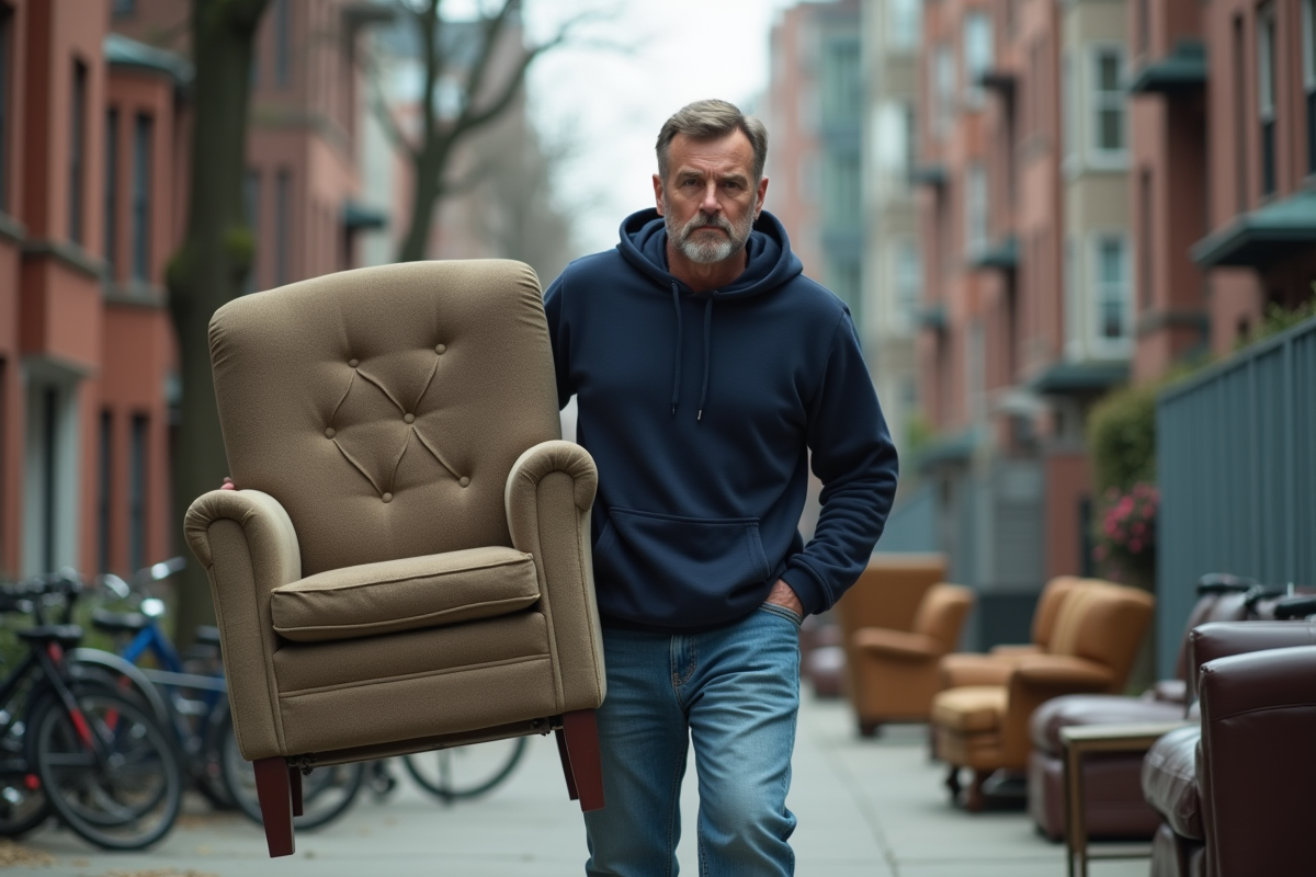 Homme d'âge moyen portant un fauteuil dans la rue urbaine